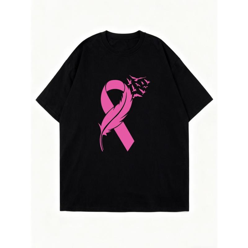 Black Oversized T Shirt With Pink Ribbon And Feather Print For Breast Cancer Awareness Casual Wear