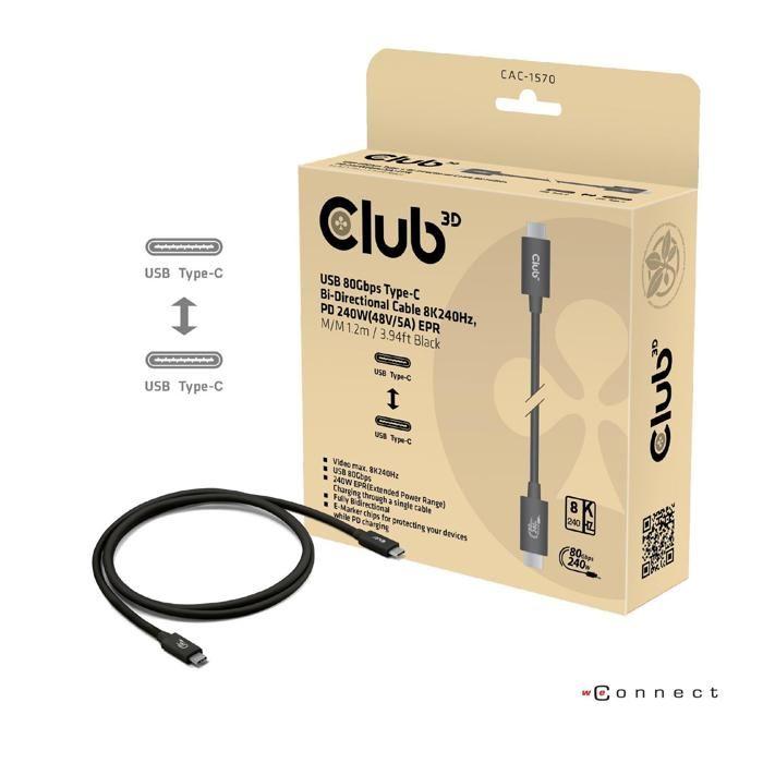 Câble USB C - CLUB 3D - 1,2m - 80 Gbit/s - 4K 540Hz - Alimentation 240W