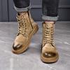 New Leather Rhubarb Boots Trendy 100 Fashion Side Zipper Tall Martin Boots Casual Versatile Lace-up Tooling Men's Boots