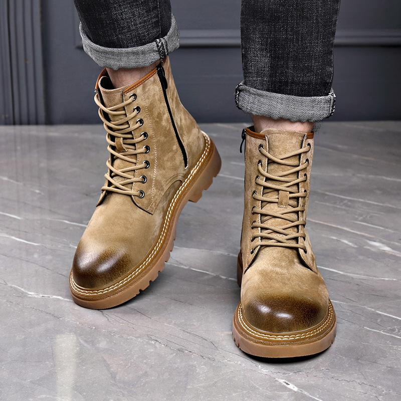 New Leather Rhubarb Boots Trendy 100 Fashion Side Zipper Tall Martin Boots Casual Versatile Lace-up Tooling Men's Boots