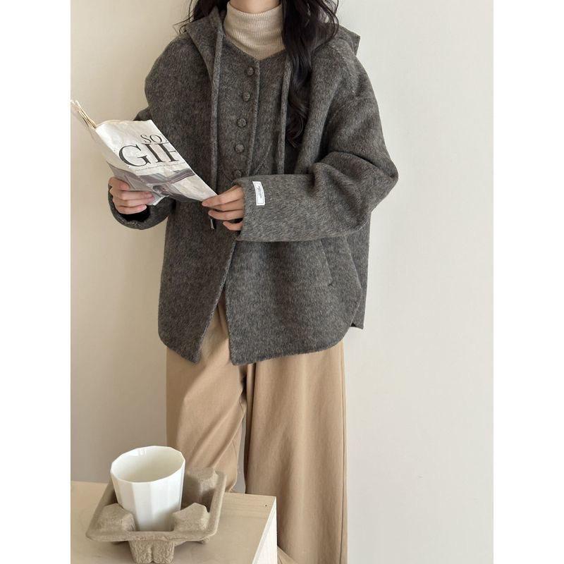

Petite College-Style Double-Sided Wool Cashmere Hooded Jacket - Loose Fit, Korean Fashion, Short Coat for Autumn/Winter M for 125-160 lbs