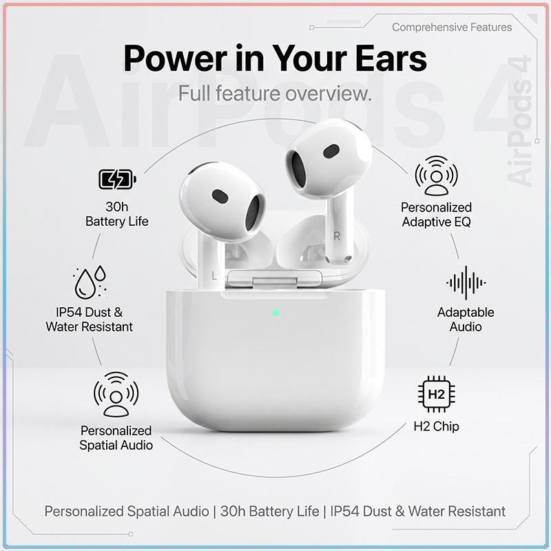 Apple AirPods 4 Auricolari Wireless Bluetooth 5.3 EQ Adattivo Isolamento Vocale Doppio Microfono Riproduzione Lunga 30H Pop-up Automatico Auricolari Sportivi Mini