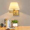 Modern LED Swing Arm Wall Light with Fabric Shade for Bedroom, Study, or Living Room.