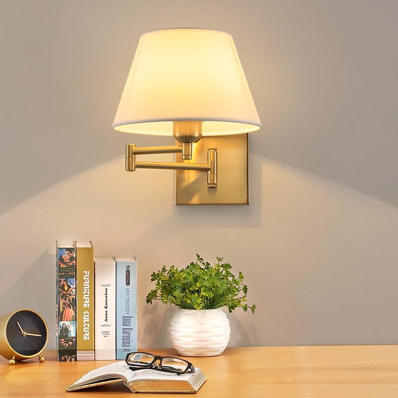 Modern LED Swing Arm Wall Light with Fabric Shade for Bedroom, Study, or Living Room.