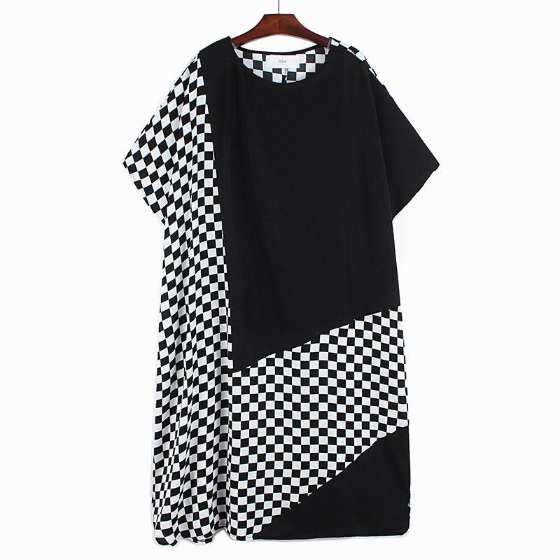 

Batwing Short Sleeve Dress Fashion Plus Size Fashion Mosaic Color Contrast Patchwork Loose Casual Mid-Length Skirt Summer Black All yards