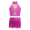 Girls Halter Sleeveless Crisscross Back Rhinestones Crop Top Tassel Briefs Skirt Latin Dance Set