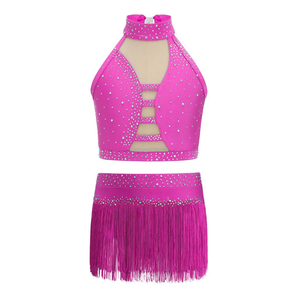 Girls Halter Sleeveless Crisscross Back Rhinestones Crop Top Tassel Briefs Skirt Latin Dance Set