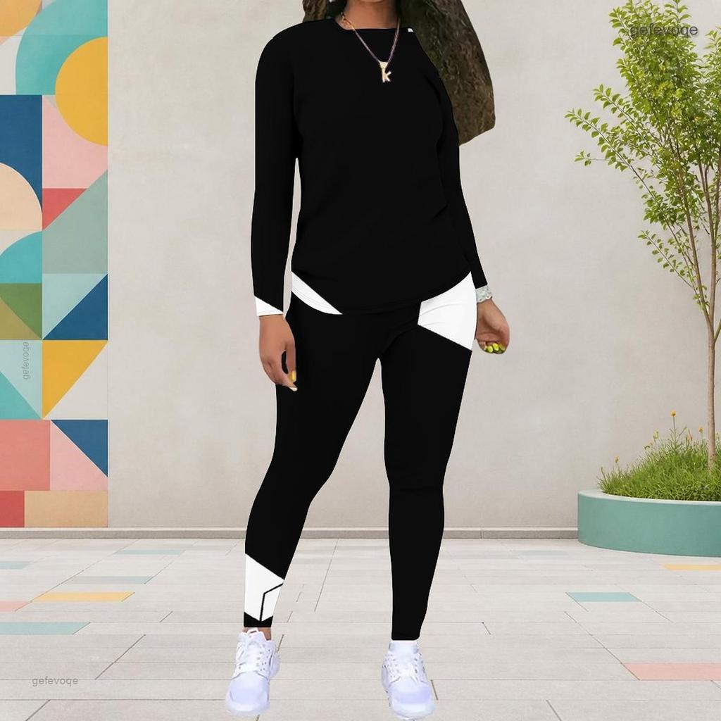 Women Plus Size Black White Printed Round Neck Long Sleeve Top And Fitted Pants Two Piece Set