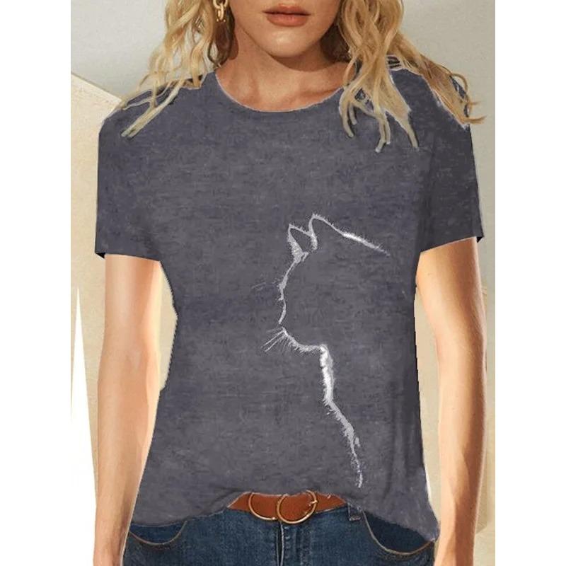 

Животное Кошка Свободный Круглый Вырез Тренд Женская Повседневная Модная Футболка для Женщин Футболки XL