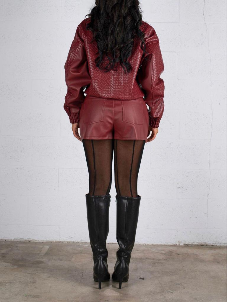 European & American Women's Two-piece Set: Weave Style Lapel Loose Leather Jacket with Shorts