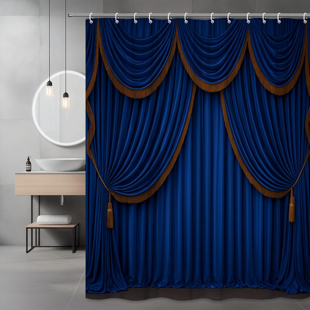 

Royal Blue Velvet Theater Curtain Shower Curtain Elegant Drapes With Gold Fringe Luxury Bathroom Decor Waterproof Elevate Space W60H190(CM)-1 Pcs