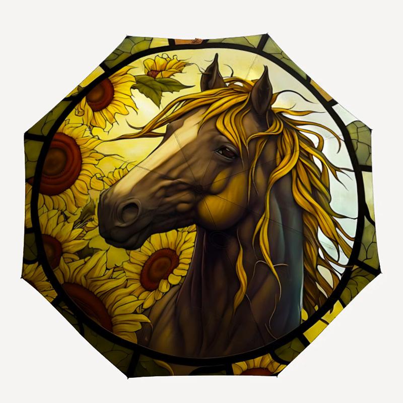 1pc Horse Sunflowers Automatic Opening/Closing Umbrella with Operation & Windproof Canopy yy260311022