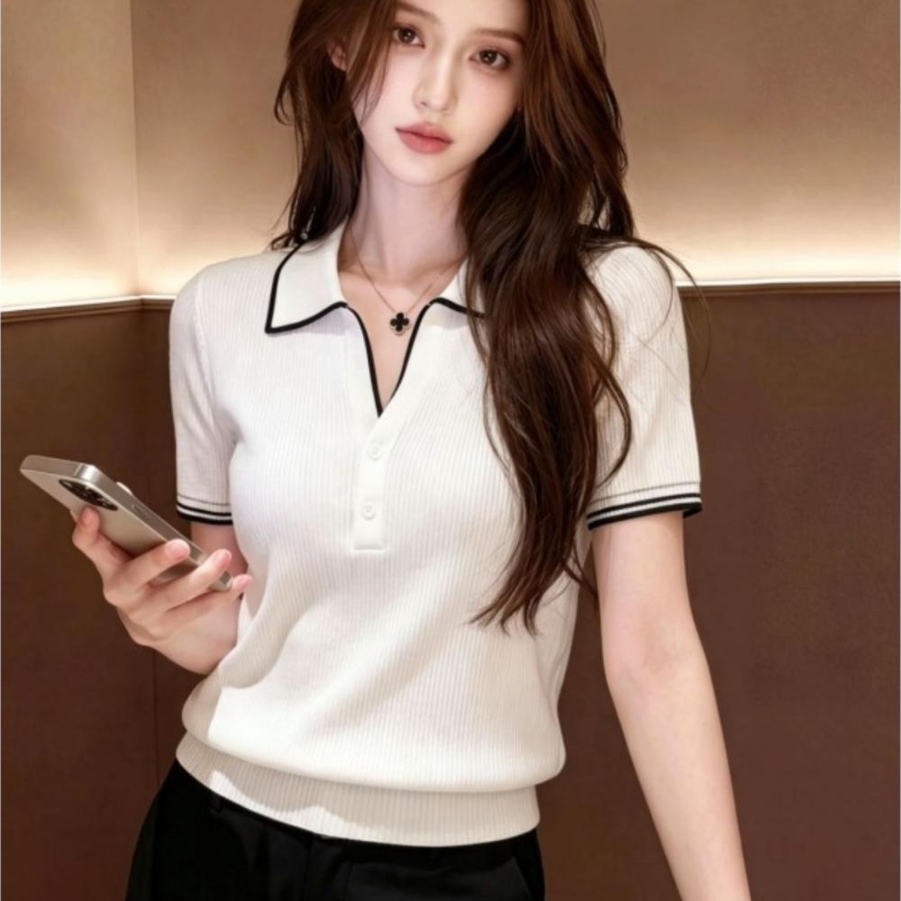 

Contrasting-color Polo-neck Knitted Short-sleeved Summer Lightweight Blouse with A V-neck for Casual Office Wear, A Slimming and Versatile Style Top. One size белый