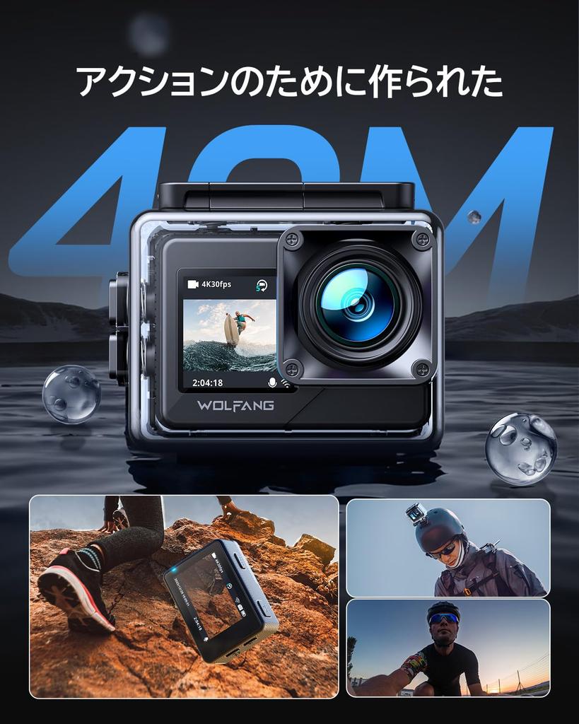 WOLFANG Action Camera 4K 20MP Underwater Camera with External Microphone 40M HDMI Remote 2 x 1050mAh Action Wearable Abundant Mountable for GA120