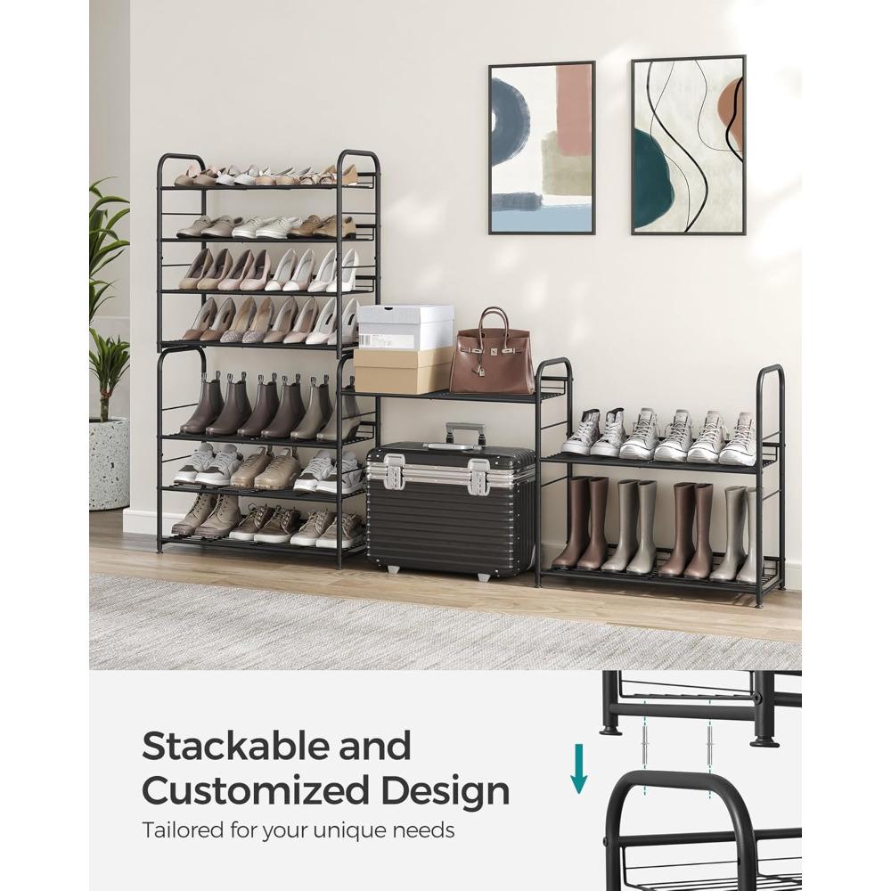 Stackable Shoe Rack, 4 Tier Metal Shoes Rack Storage Shelf, Holds Up To 20 Pairs Shoes, Adjustable Slanted Shelves Shoe Tower