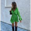 Spring and Autumn Women's Shirt Dress Fashion Elastic Waist Pleated Long Sleeve Tie Dress
