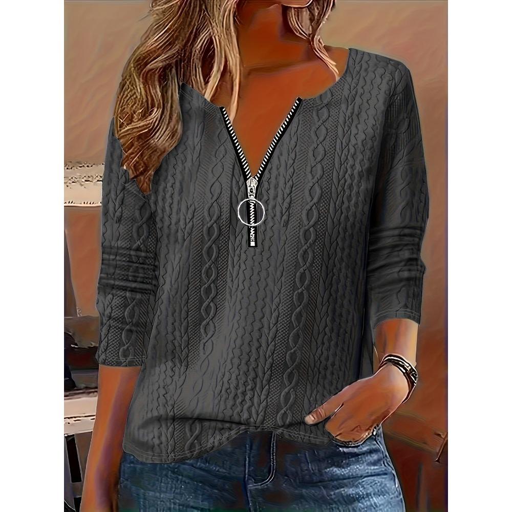 Autumn and Winter New Solid Color V-neck Zipper Long Sleeve Casual Comfortable Fashion Large Size Women's Top