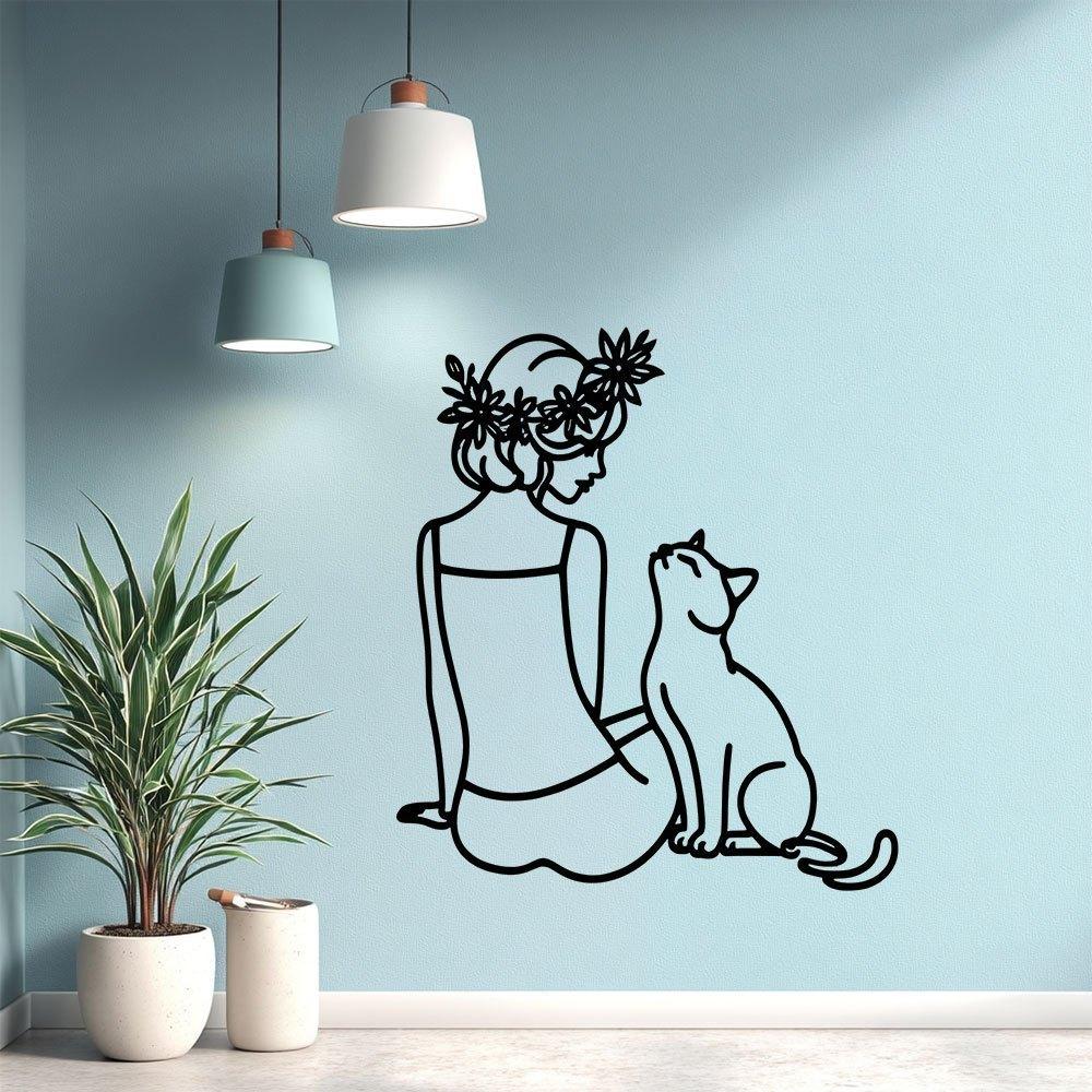1pc Modern Metal Wall Art Woman with Cat Line Drawing Black White Iron Decor Living Room Bedroom Kitchen