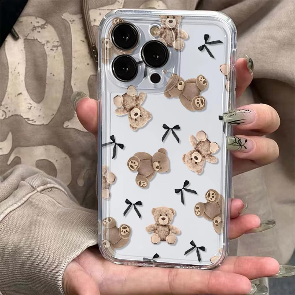Cute Teddy Bear Bow Transparent Case For Samsung Galaxy S26 S25 S24 Ultra S23 FE S22 S21 S20 Plus A73 A72 A71 A53 A52 A51 Cover