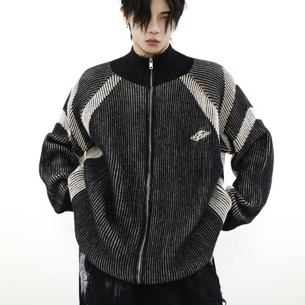 Unisex Retro Striped Turtleneck Sweater Cardigan for Autumn & Winter