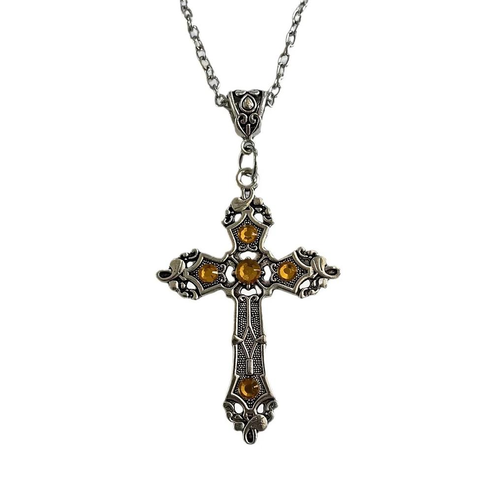 European and American retro simple fashion gothic black gem ruby cross pendant men's women's necklace