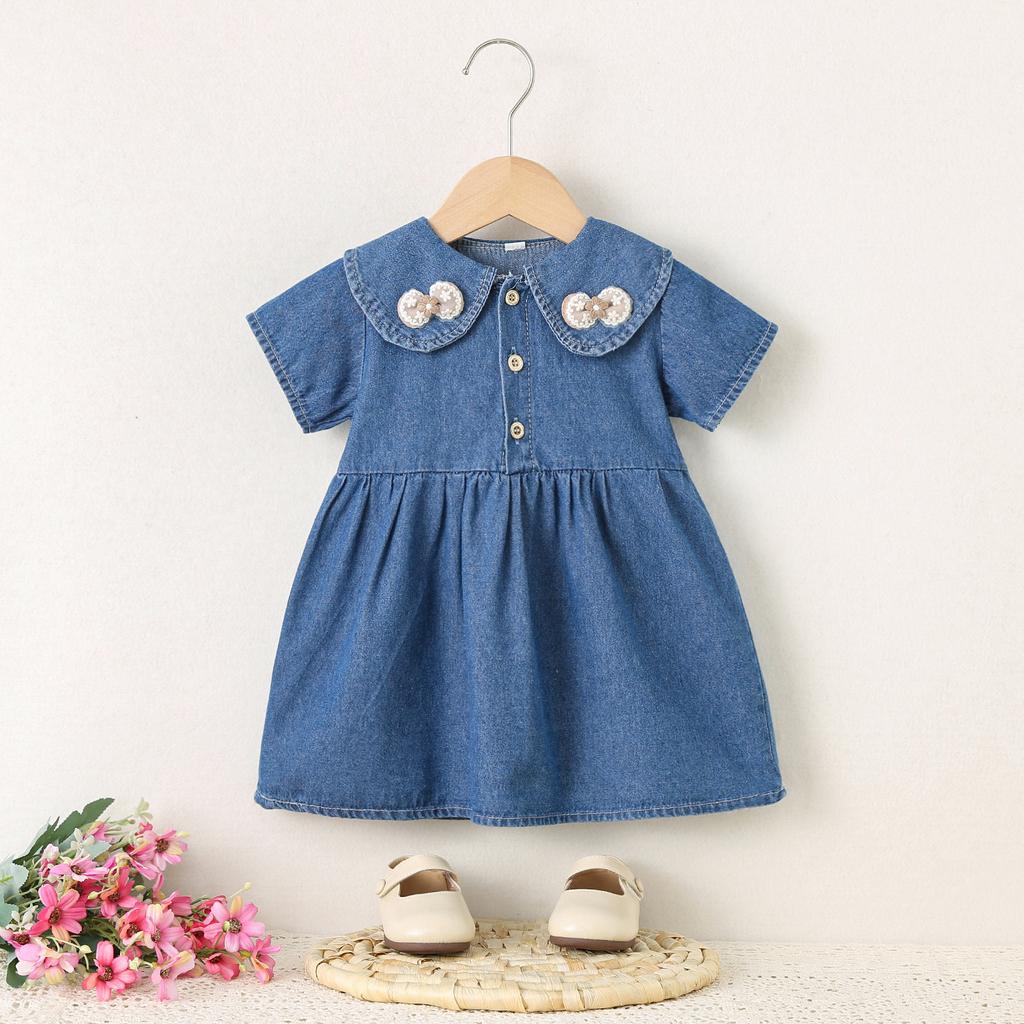 Summer Girls Denim Dress Sweet Bow Tie Collar Short Sleeve Princess Skirt For Kids Casual Cute Jean Dress