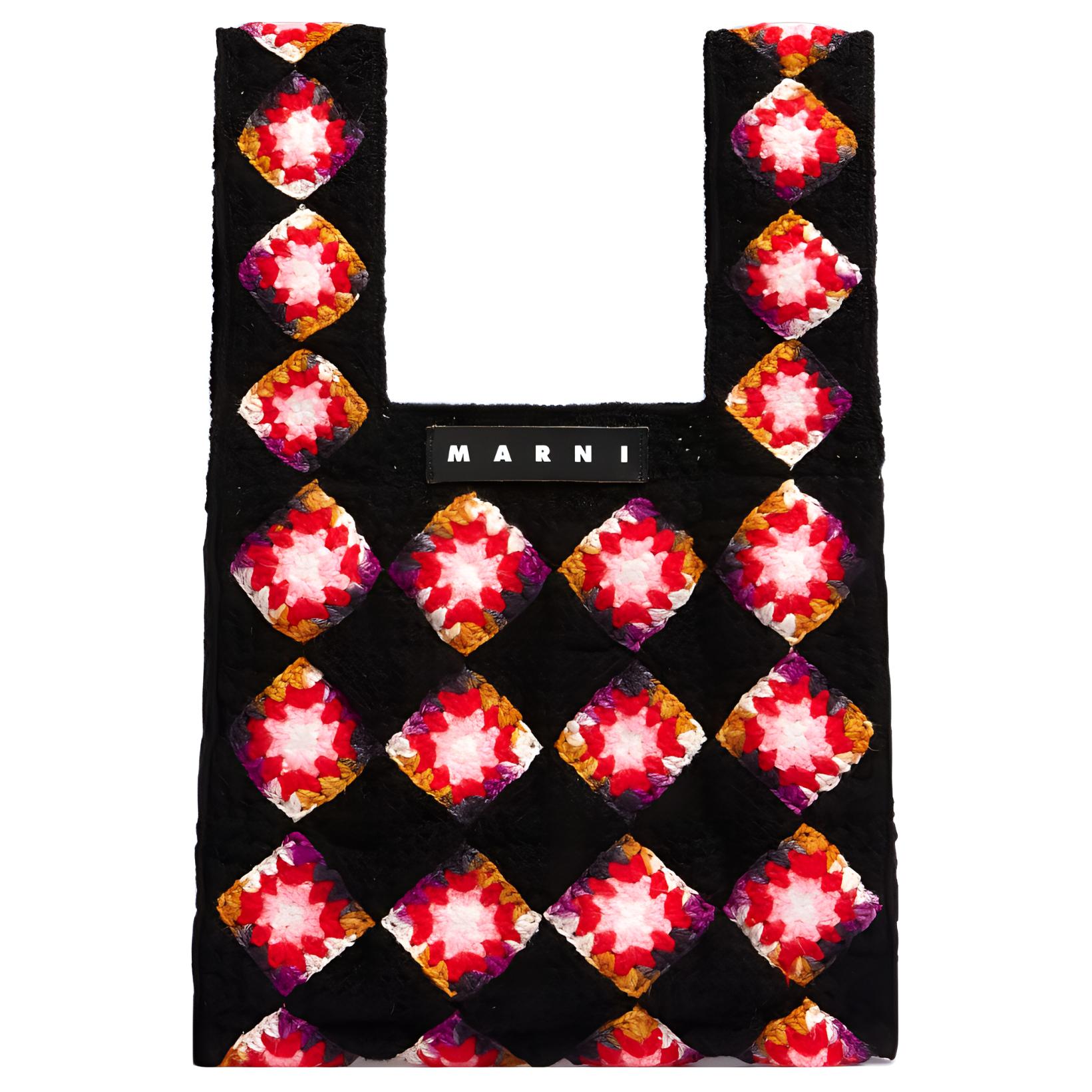 Marni Market Brand Logo Geometric Pattern Crochet Leather Tote Bag Women handbags Black Red SHMH0011Q3FC001JQN99 Basic Set (Bag+Dust Bag)
