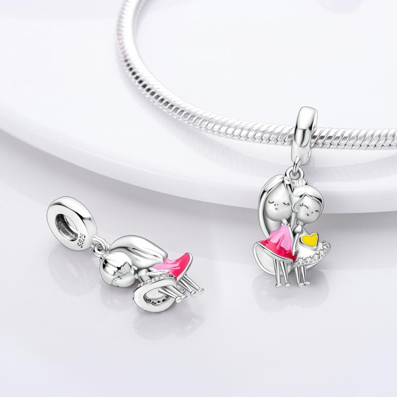 Pink Color Series Charms Beads Copper Cute Girl Pink Dangle Flower Heart Shape Pendant Fit Bangle Bracelet Necklace Jewelry