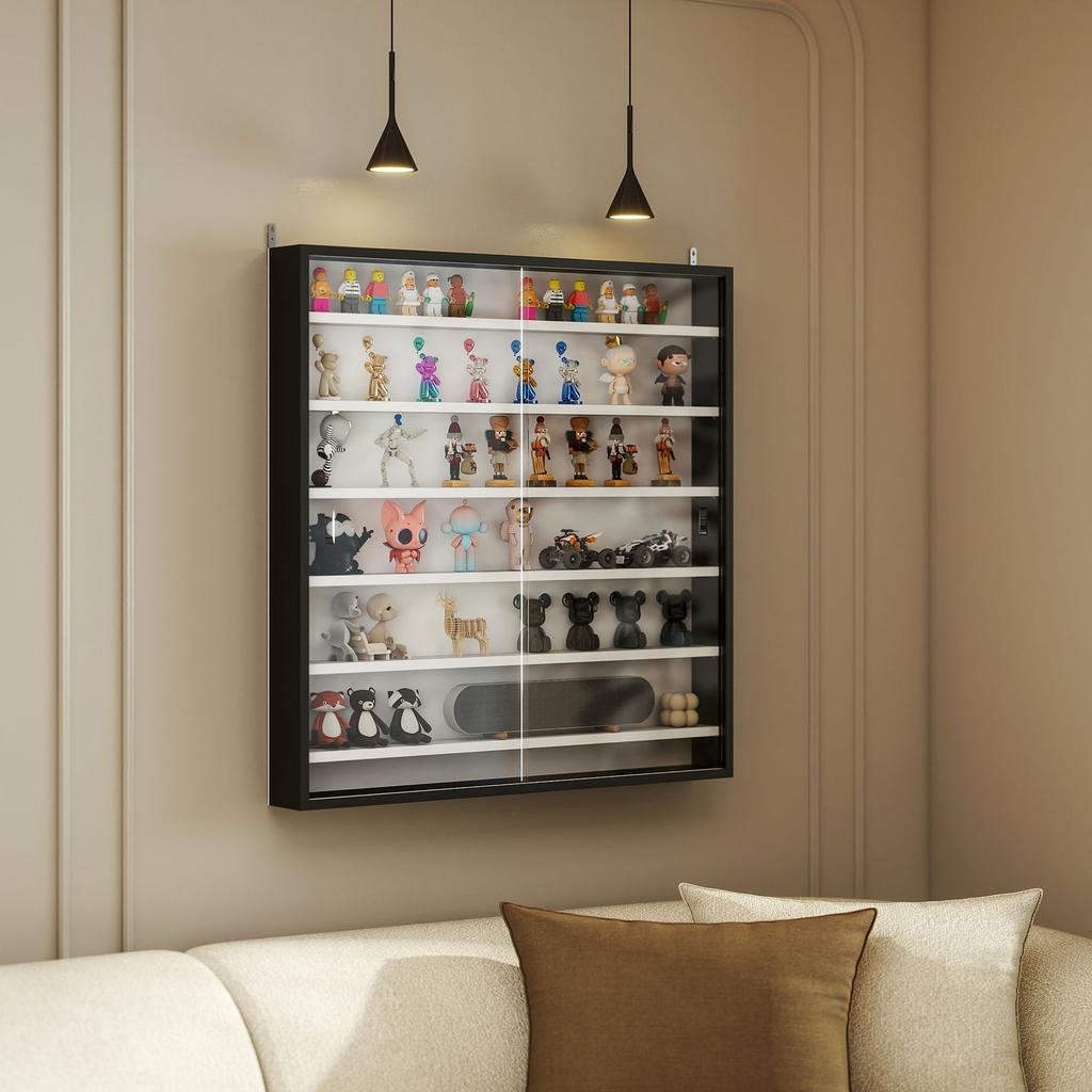 Wall-Mounted Display Case, 6 Adjustable Shelves, 2 Sliding Glass Doors, 80 x 9.5 x 83 cm