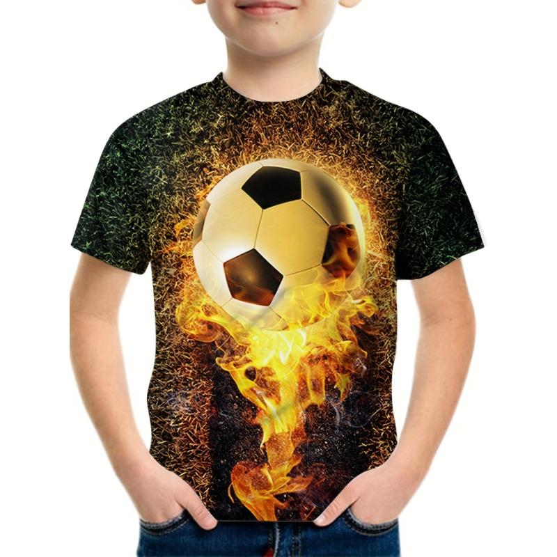 Summer Round Neck 3D Flame Football Printed Top Fashionable Casual Short Sleeved Children's Boy T-shirts