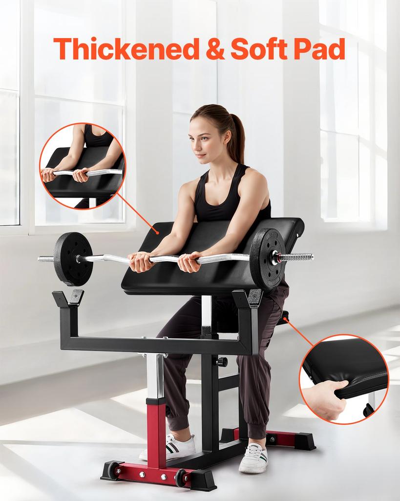 VEVOR Preacher Curl Bench, Strength Training Biceps Machine, Max Load 440 LBS Home Gym Equipment, Seated Arm Isolated Barbell Dumbbell Bicep Station