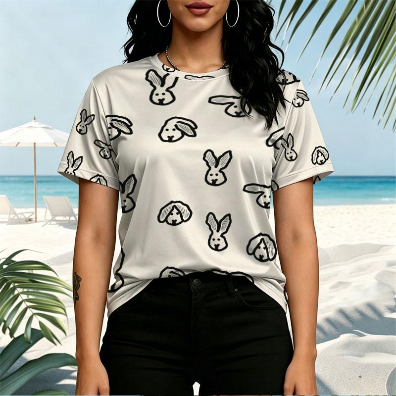 Women's Korean Style Rabbit Series Round Neck Short Sleeve T-Shirt Simple Design, Comfortable Fabric, Versatile for Daily Casual & Short Trips