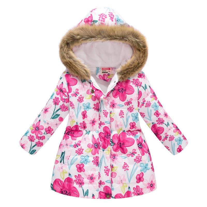Autumn and Winter Children's Clothing Boys and Girls Multi-color Printing Children's Long Fur Collar Hooded Cotton Jacket