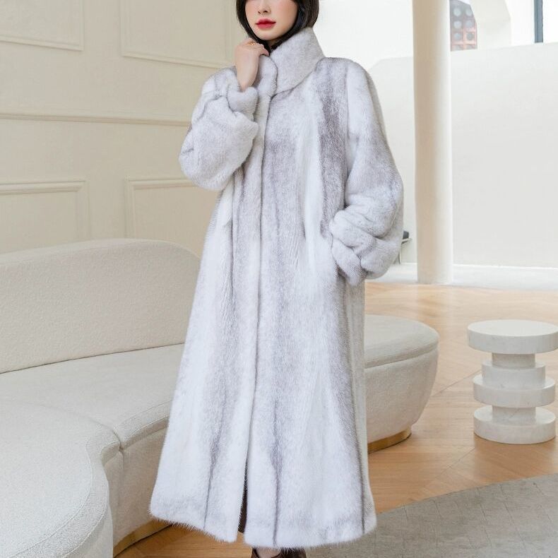 

Пальто из норки для женщин Зимнее Новое Пальто из норкового бархата Пальто из поперечной норки Длинное до колена Воротник-стойка Утепленное Высококачественное Пальто L