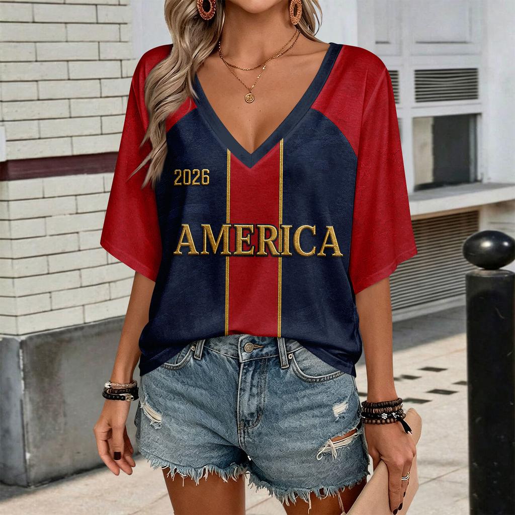 Women's V-Neck Short Sleeve T-Shirt with Letter Print - Casual Soccer Fan Top