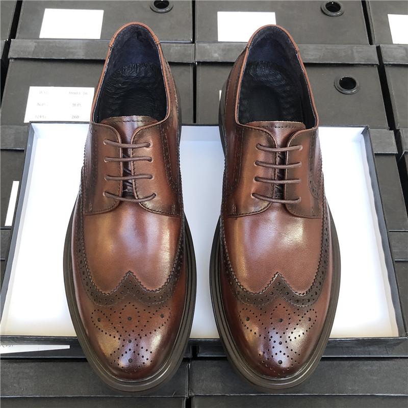 

Туфли из кожи с гравировкой Brock с широкими носами, мужская деловая кожаная дышащая рабочая обувь для костюма, мужская свадебная обувь для жениха 45 темно-коричневого