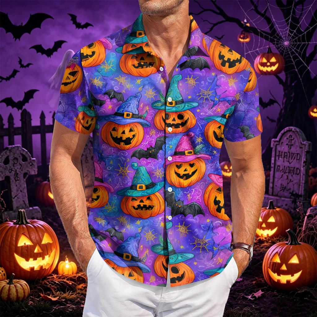 Men's Casual Short Sleeve Button Down Shirt Halloween Pumpkin Print Lightweight Breathable Fabric Summer Shirt