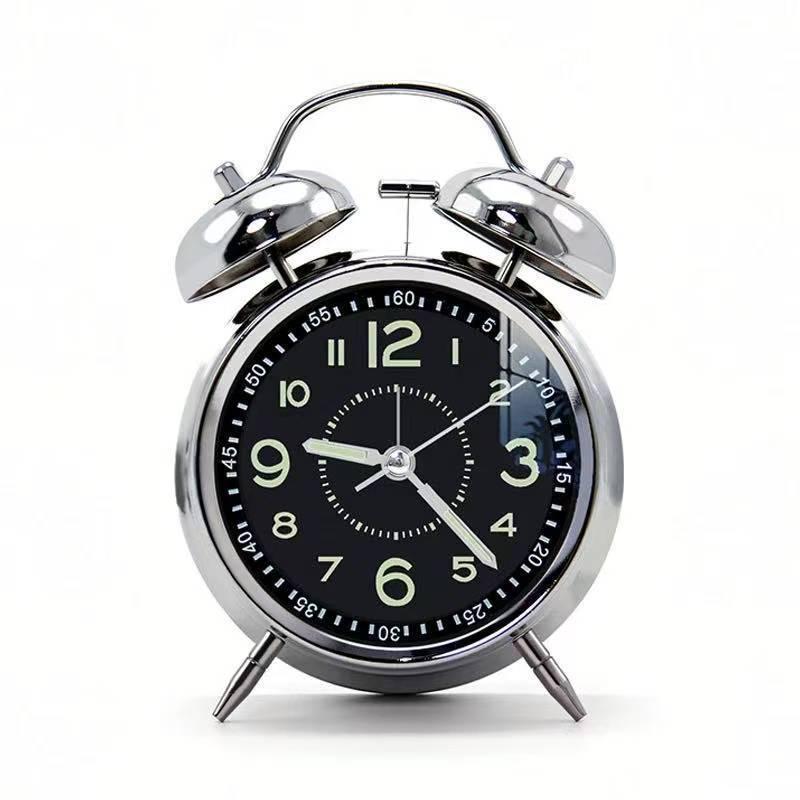 Rechargeable Metal Bell Alarm Clock with Night Light - Super Loud Wake-Up Device for Bedsides, Ideal for Students and Elderly Rooms.