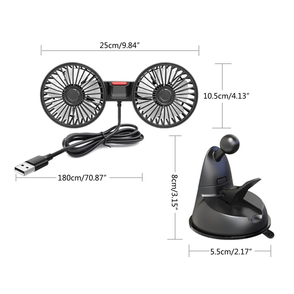 Car Dual Head Fan 360° Rotation 3 Gear Adjustable Suction Cup Cooling Fan for Vehicles Office Dashboard Mounted USB Fan