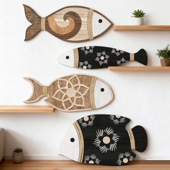 4Pcs/Set Nautical Wooden Fish Wall Decoration Farmhouse Rustic Fish Wall Art Sculpture Home Living Room Bathroom Wall Decorative Sign