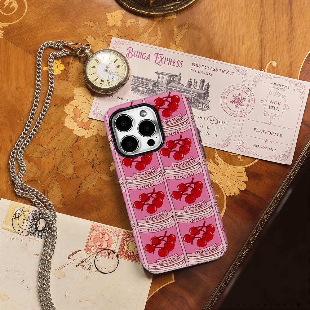 Pink Tomato Tins Retro Phone Case for IPhone 17AIR 16E 16 15 14 13 12 11 17 Pro Max Plus Double-layer Back Cover
