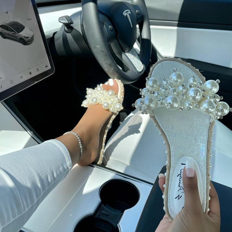 Evropa, Amerika 2021 léto nové jednoslovné nazouvací perlové módní sandály ploché boty velké velikosti lehké ležérní všestranné