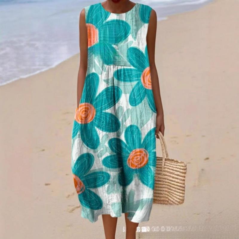 European and American New Summer Flower Ocean Printing European Size Round Neck Sleeveless Long Dress Creative Loose Dress