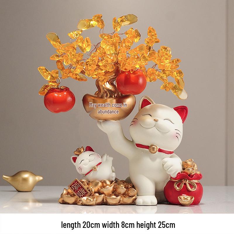 Fortune Cat Money Tree Figurine - Office, Shop, Reception & Housewarming Decoration