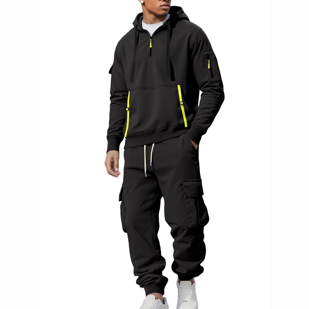 Men's Zip Hoodie Sweatshirt and Multi-Pocket Work Pants Casual Outfit Set