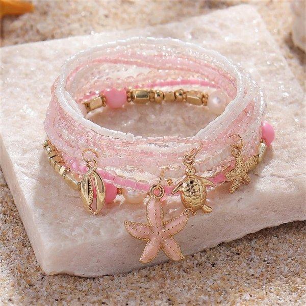Women's Bohemian Starfish Shell Heishi Beads Bracelet Dainty Crushed Stone Braided Rope Chain Stackable Party Jewelry Gift