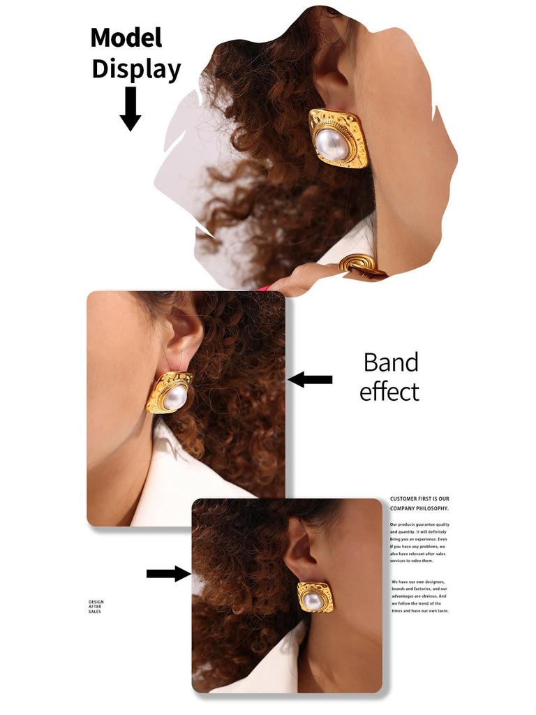 French Retro Square Lava Faux Pearl Stud Earrings In 18k Gold-Plated Titanium