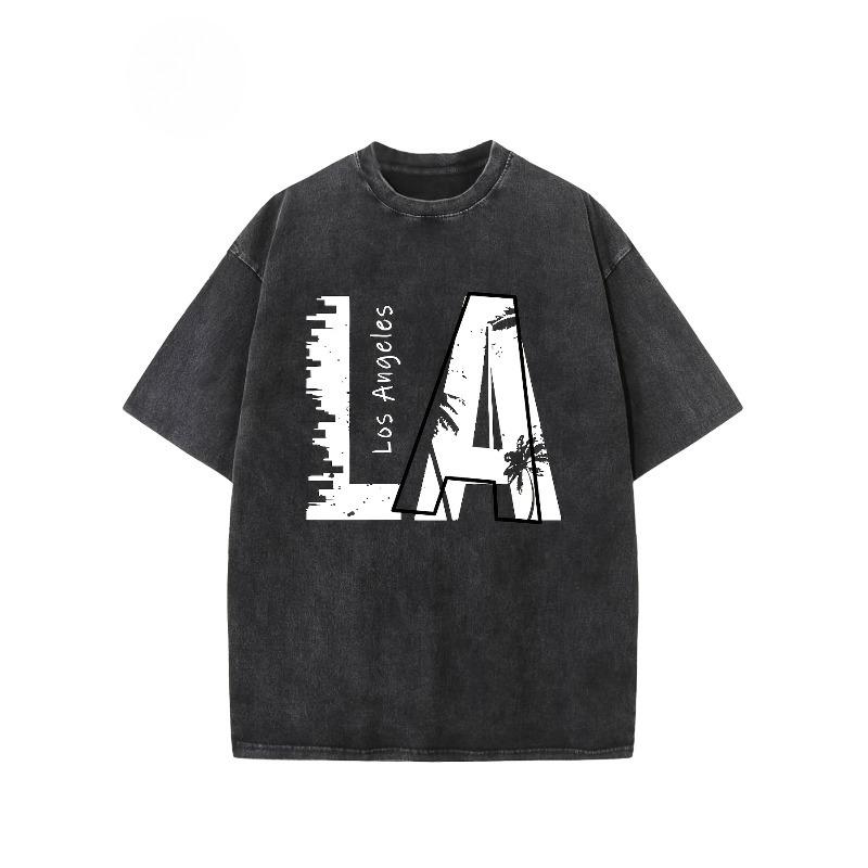 

European sizes Vintage Creative Pattern Los Angeles Printed Washed T-shirt Falling Shoulder T-shirt Men s Street T-shirt S чёрный