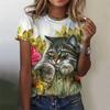 Summer Round Neck 3D Cat Pattern Print Top Fashionable Casual Short Sleeved Women's T-shirts