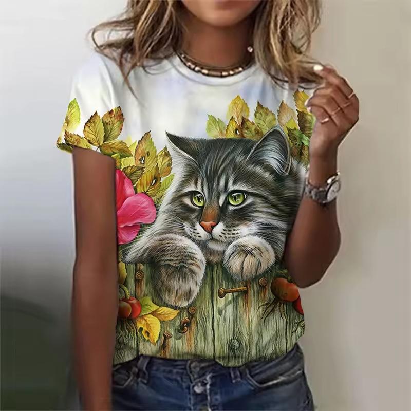 Summer Round Neck 3D Cat Pattern Print Top Fashionable Casual Short Sleeved Women's T-shirts
